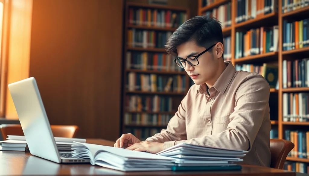 Scrierea lucrării licență într-o bibliotecă plină de cărți, concentrându-se pe documente.