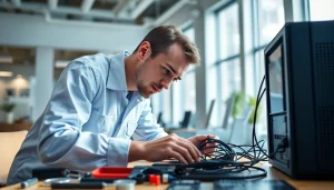 Computer technician providing expert services on https://computerhilfe-24.at in a modern workspace.