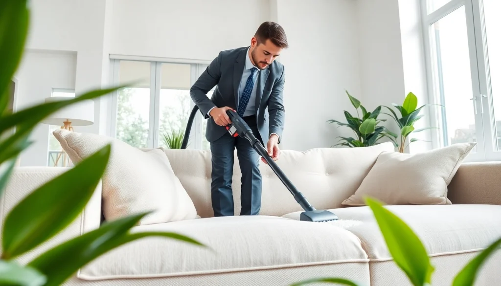 Sofa cleaning Dubai with a professional technician treating a plush sofa in a bright living room.