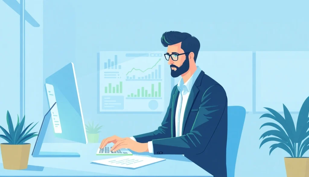 Analisi costi e ricavi immobiliari con un esperto al computer in un ambiente moderno.