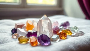 Showcasing a variety of types of crystals with vibrant colors and distinct shapes on a soft surface.