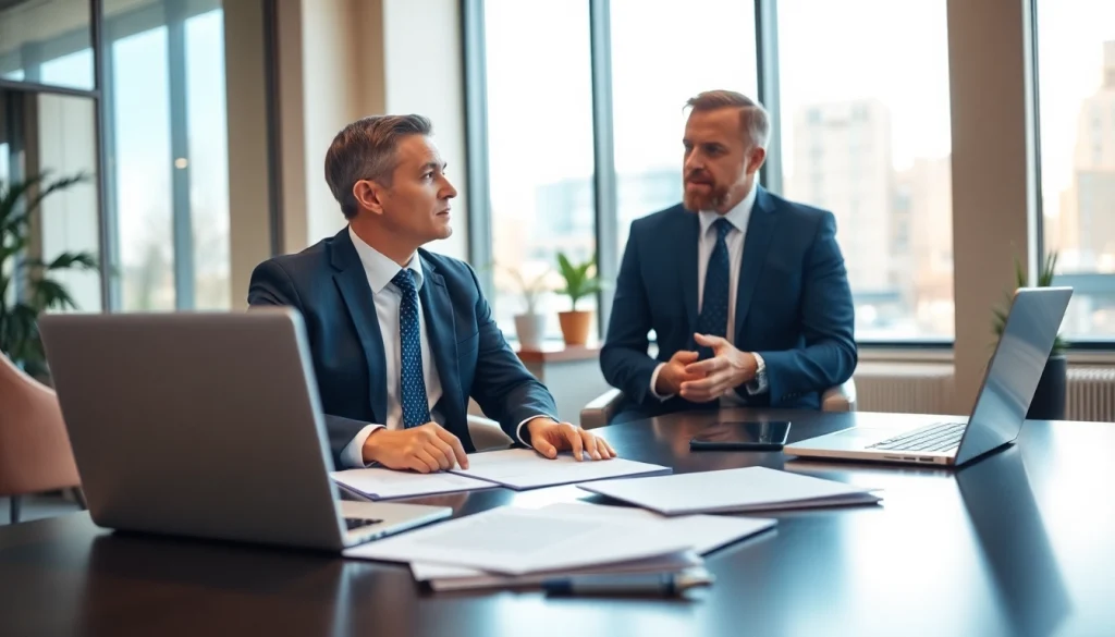 Consultation by Atlanta real estate attorney on https://www.atlantarealestateattorney.com in a warm, modern office.