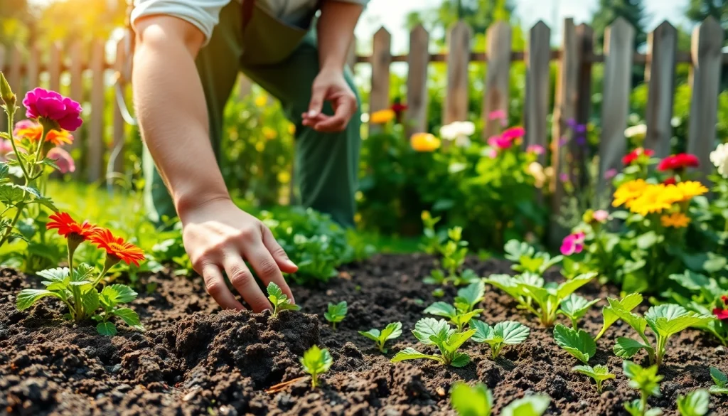 De tuinier werkt in de levendige tuin op https://detuinassistent.nl, met de handen in de aarde.