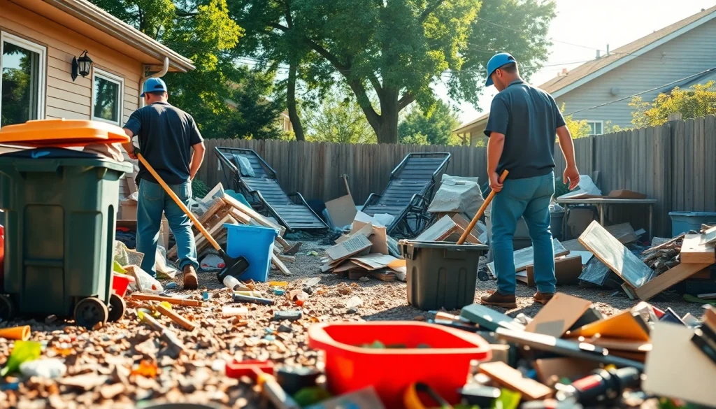 Engaging scene of https://myeasyjunkremoval.com workers efficiently clearing junk from a backyard site.