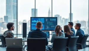 Showcase Technology through a modern workspace with diverse professionals collaborating.