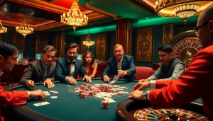 Players at a vibrant poker table inside a luxurious casino featuring exceptional details, inspired by https://kjc.uk.com/.