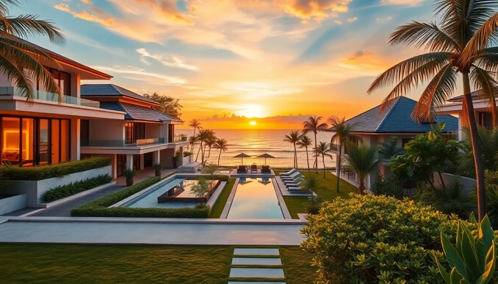 Pattaya properties beautifully displayed at sunset with elegant villas against a beach backdrop.