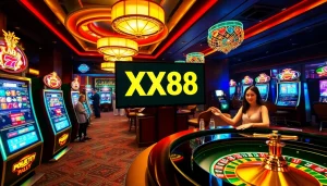 Players enjoying a thrilling casino experience at XX88 with vibrant slots and high-stakes tables.