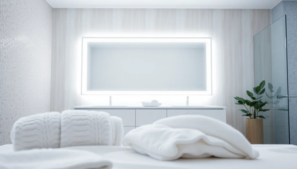 Helle beleuchtete spiegelschrank mit led Beleuchtung im modernen Badezimmer präsentieren