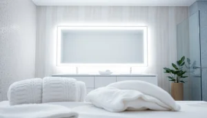 Helle beleuchtete spiegelschrank mit led Beleuchtung im modernen Badezimmer präsentieren