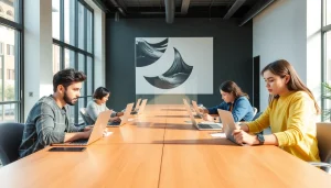 Desenvolvimento de Sites: equipe criativa discutindo ideias e planejando projetos digitais.