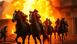 Mounted firefighters demonstrating bravery during a dramatic fire rescue at https://www.fire85.com.
