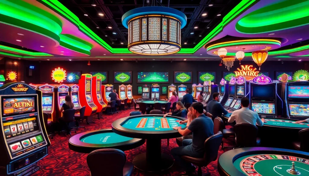 Vibrant casino scene with tables, slot machines, and KJC AC 1 branding.