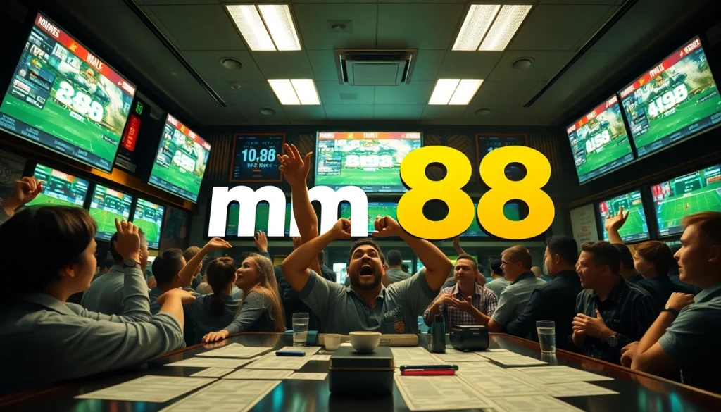 Engaging action at the mm 88 sports betting environment with excited bettors celebrating victories.