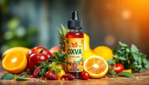 Erfrischendes Oxva Liquid mit leuchtenden Früchten auf einem Holztisch stilvoll präsentiert.