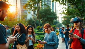 Illustration of technology in daily life, connecting users to https://mohamedmmblog.tech in a vibrant urban park.
