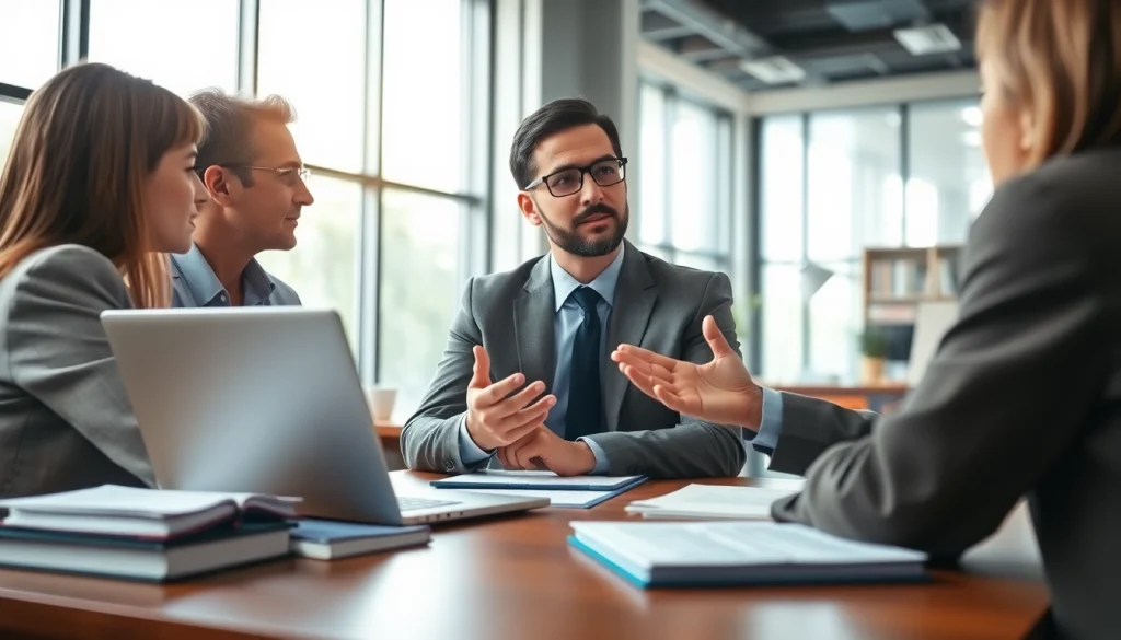 Engaged clients discussing legal matters at https://www.lalitlaw.com in a modern office.