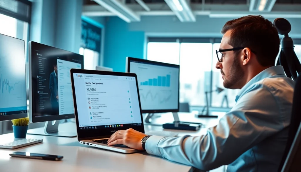 Engaging professional using google penalty recovery service analysis tools in a bright office.