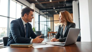 Engaged attorney at https://www.shiverhamilton.com consults with a client in a bright office, showcasing professionalism.