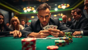 79king poker player strategizing at a high-stakes table with dramatic lighting and intense atmosphere.