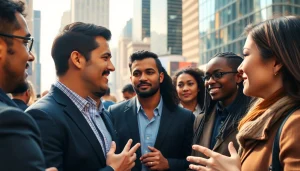 Engaged professionals seeking jobs new york in a vibrant networking scene with skyscrapers.