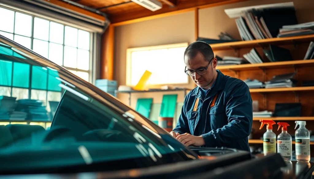 Auto glass technician at work on crystalautoglass.pro with tools and bright garage ambiance.
