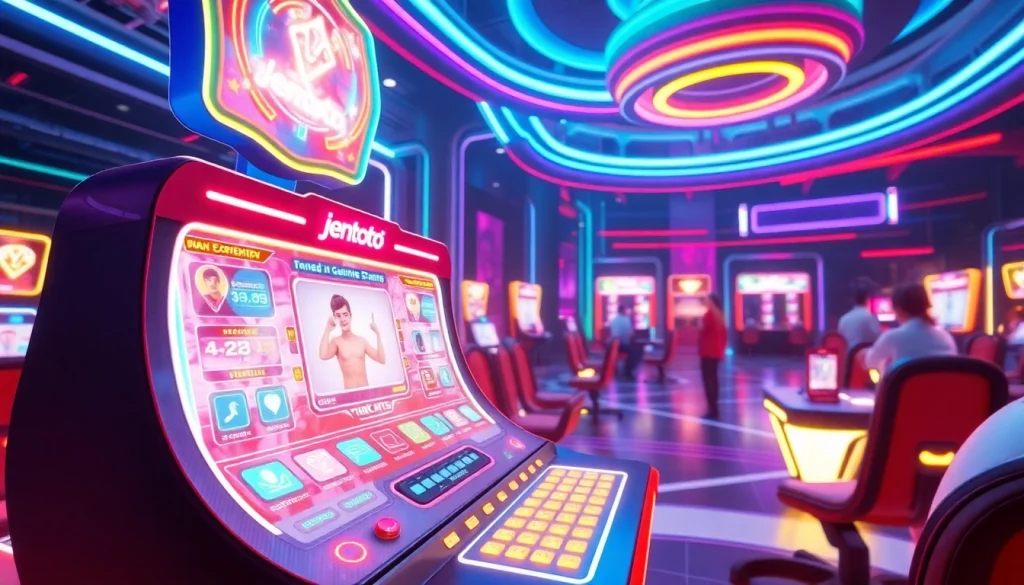 Jelajahi jentoto dalam lingkungan permainan digital yang futuristik dan berwarna cerah.