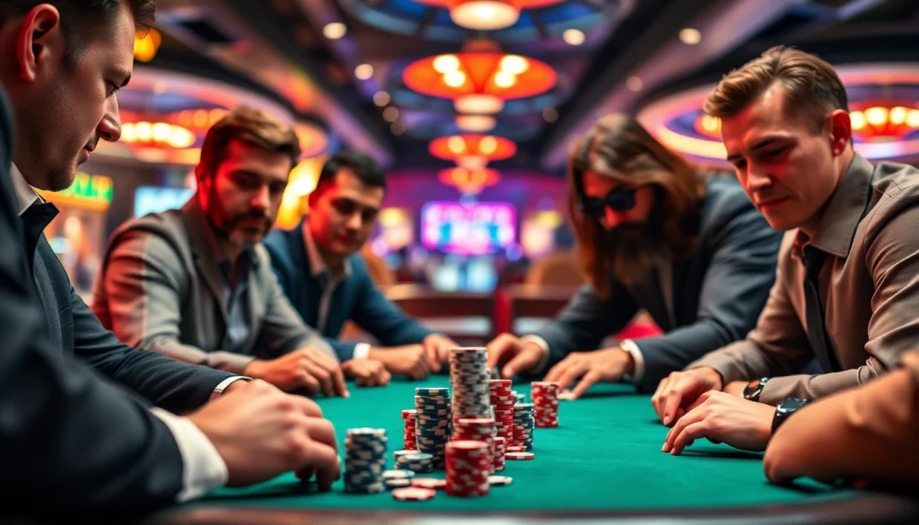 Mainkan Domino88 poker game di meja poker dengan suasana kasino yang penuh semangat.