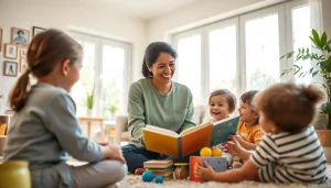 Highlighting nanny visa cost Dubai, a dedicated nanny engages joyfully with children in a colorful living space.