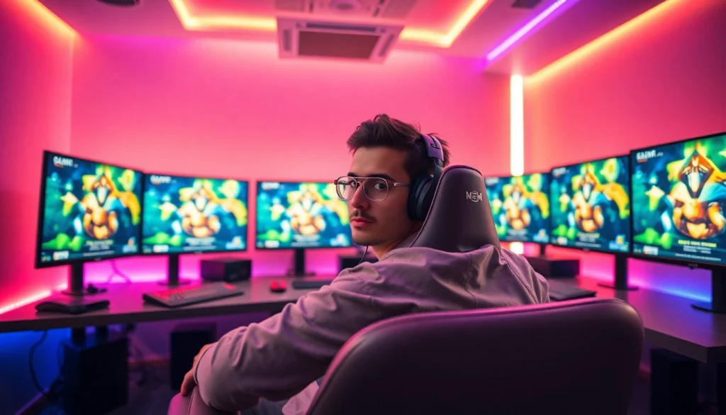 Engaged gamer at a modern setup highlighting https://mega888tm.club in a vibrant environment.
