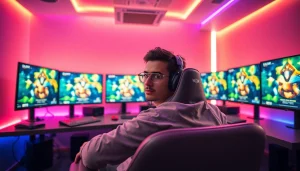 Engaged gamer at a modern setup highlighting https://mega888tm.club in a vibrant environment.