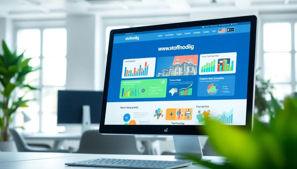 Bekijk de homepage van https://www.stofnodig.nl met kleurrijke infographics op een moderne werkplek.