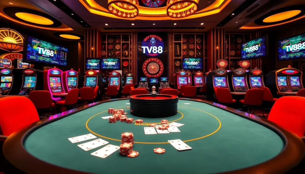 Experience the excitement of TV88 with players at a glamorous casino table.