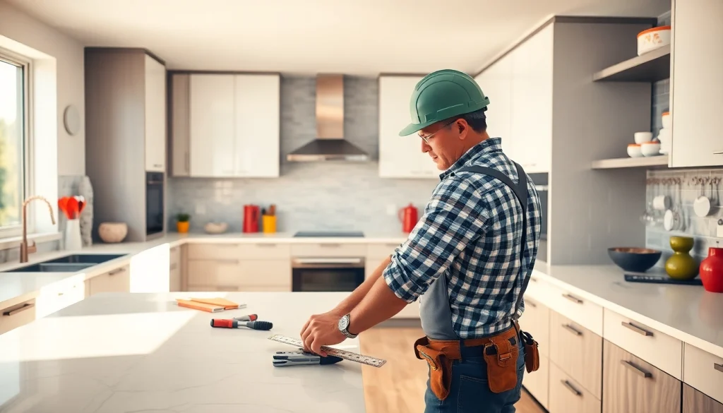 Remodeling Contractor measuring space in a modern kitchen renovation.