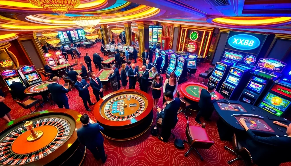 Experience thrilling moments at XX88 as players roll dice and spin slots in a lively casino setting.