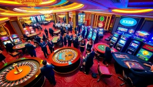 Experience thrilling moments at XX88 as players roll dice and spin slots in a lively casino setting.