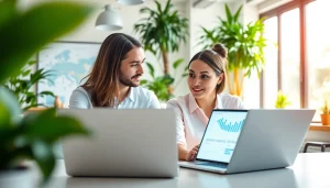 Analyze social media strategies at https://boost-social-media.com with professionals in a vibrant office setting.