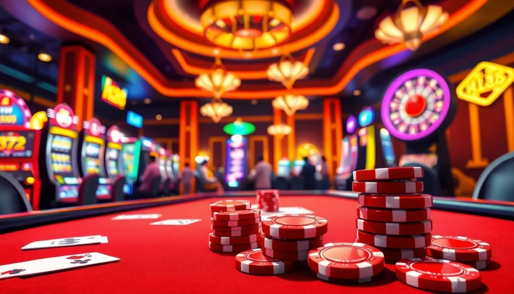 Hi88 red poker chips gleam on a luxurious table as players engage in thrilling casino action.