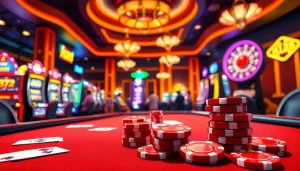 Hi88 red poker chips gleam on a luxurious table as players engage in thrilling casino action.