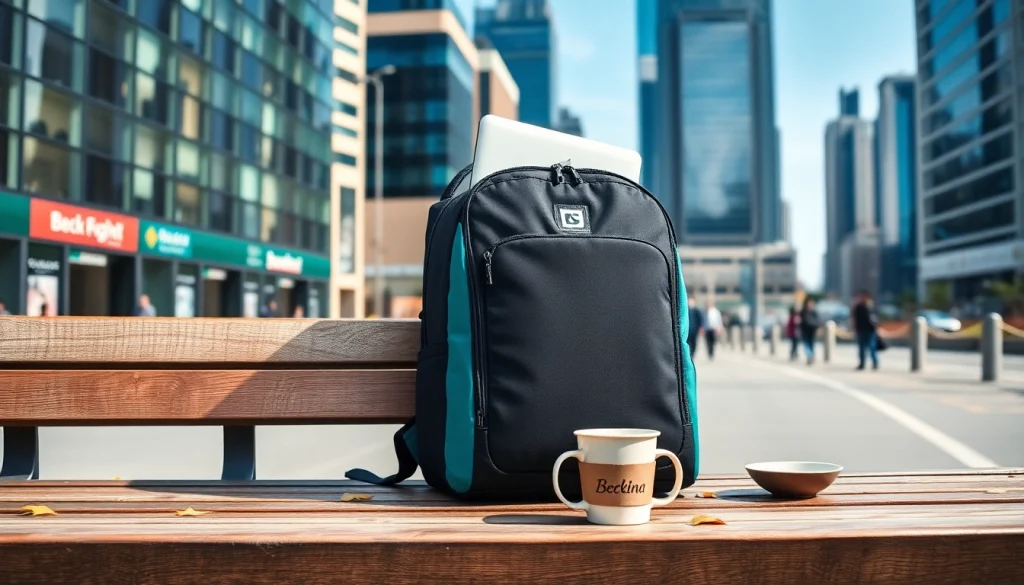 Wasserdichter Rucksack Laptop für Damen und Herren auf einer Parkbank, ideal für urbanen Alltag.