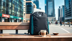 Wasserdichter Rucksack Laptop für Damen und Herren auf einer Parkbank, ideal für urbanen Alltag.