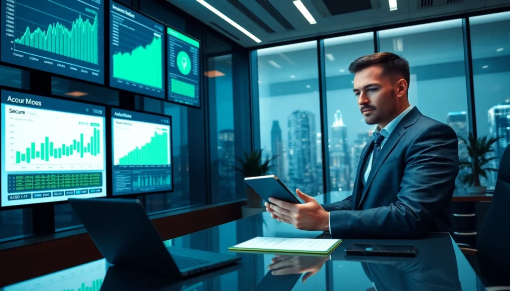 Professional financial advisor with digital screens, embodying trust and innovation in online finance and insurance in 2025