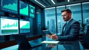 Professional financial advisor with digital screens, embodying trust and innovation in online finance and insurance in 2025