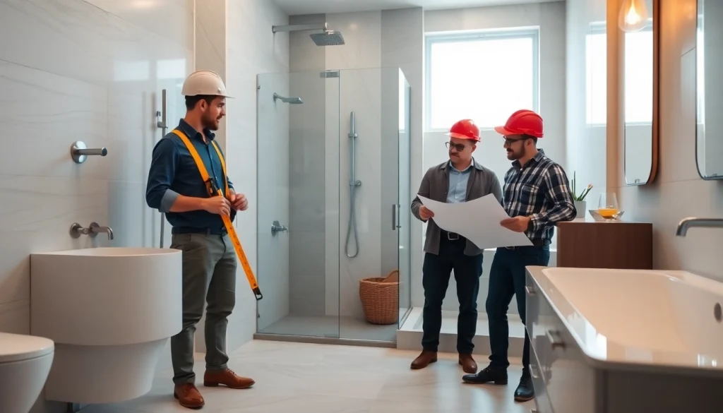 Skilled bathroom builders renovating a modern bathroom showcasing craftsmanship and design.