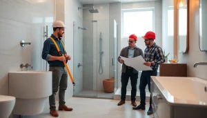 Skilled bathroom builders renovating a modern bathroom showcasing craftsmanship and design.