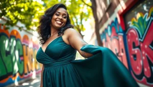 Plus-size woman showcases stylish evening wear from https://primadonsanddonnas.com in urban chic setting.