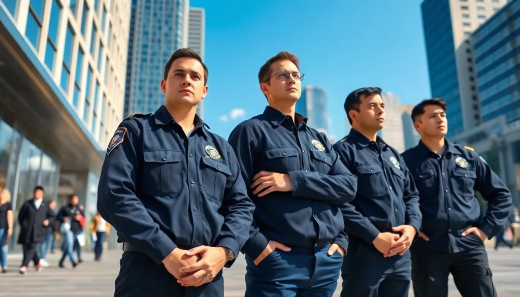 Security Guards standing vigilant in an urban setting, showcasing professionalism and authority.