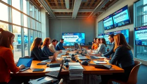 Journalists collaborating in a modern newsroom featuring thephoenixnewspaper headlines.