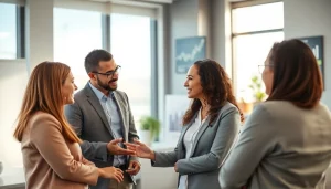 Engaged financial advisor San Antonio working with clients in a modern office setting.
