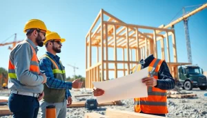 Find good builders near me actively working on a construction site with a client and equipment.